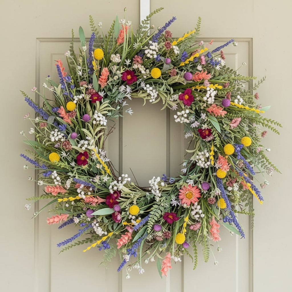 VerdantAura Lush Door Wreath — Realistic Blossoms, Balanced Color Accents