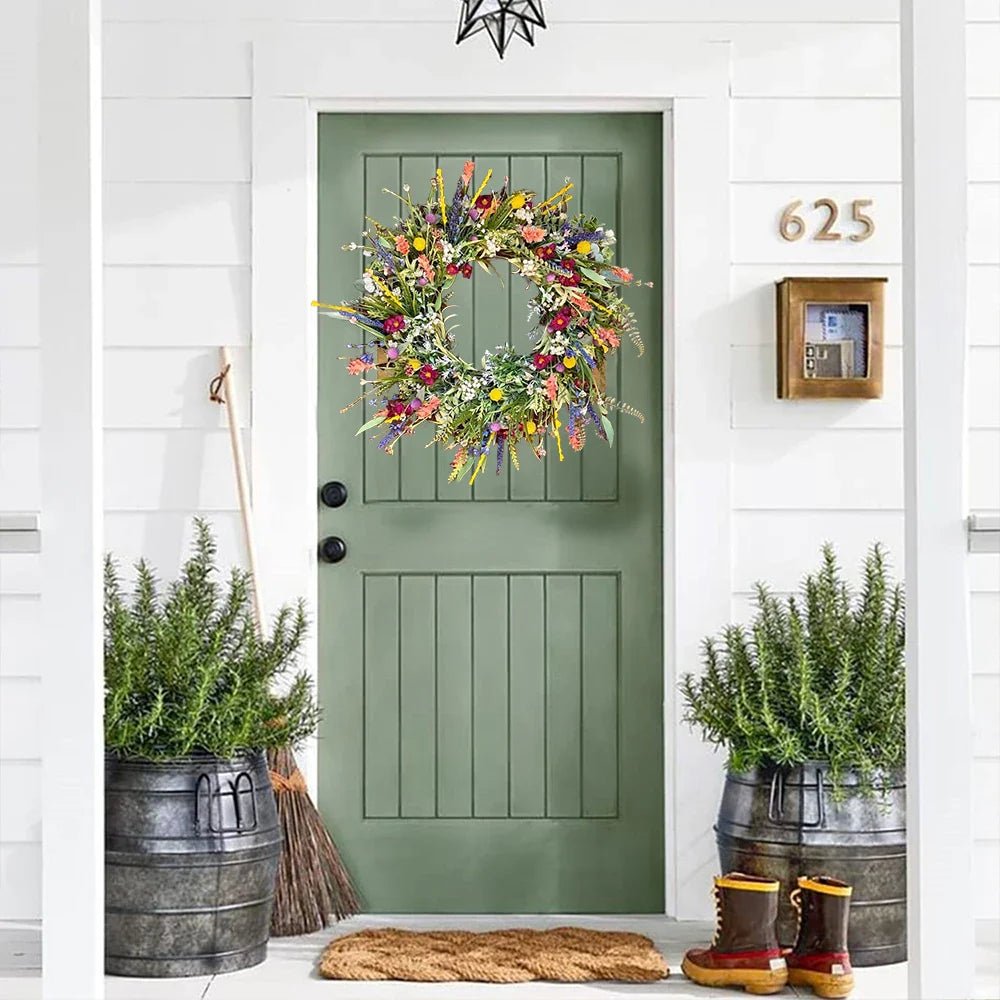 VerdantAura Lush Door Wreath — Realistic Blossoms, Balanced Color Accents