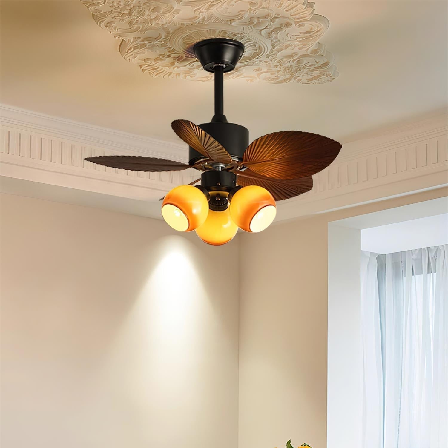 76 Cm Tropical Ceiling Fan With Glass Light, Remote Dimmer, 6 Speeds, Copper Motor