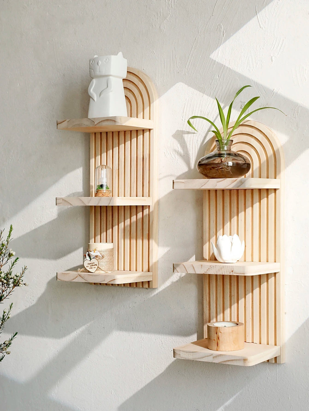 Ko-mostore Boho Wooden Wall Shelf — Three-Tier Curved Floating Rack