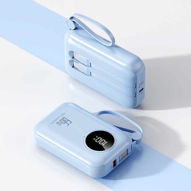 Kompakt transportabel powerbank — integrerede kabler, hurtig opladning
