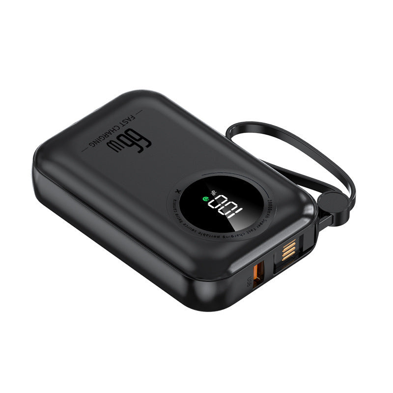 Kompakt transportabel powerbank — integrerede kabler, hurtig opladning