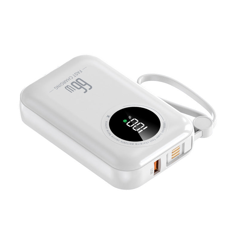 Kompakt transportabel powerbank — integrerede kabler, hurtig opladning