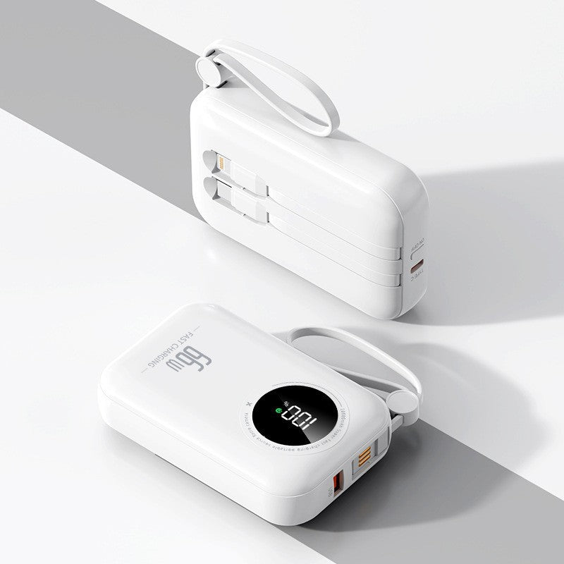 Kompakt transportabel powerbank — integrerede kabler, hurtig opladning