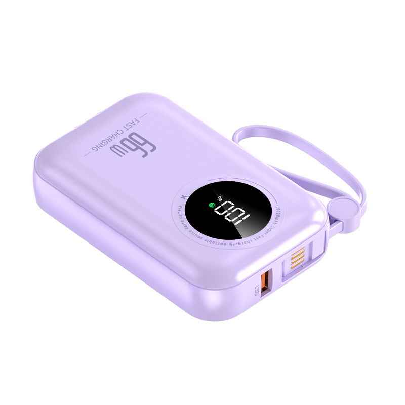 Kompakt transportabel powerbank — integrerede kabler, hurtig opladning