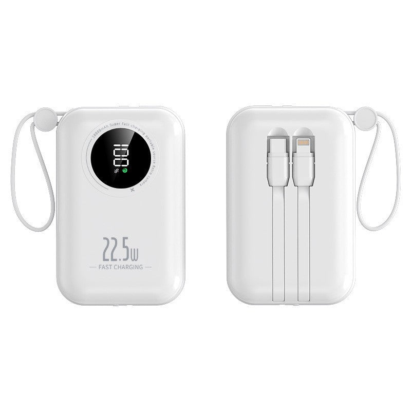 Kompakt transportabel powerbank — integrerede kabler, hurtig opladning