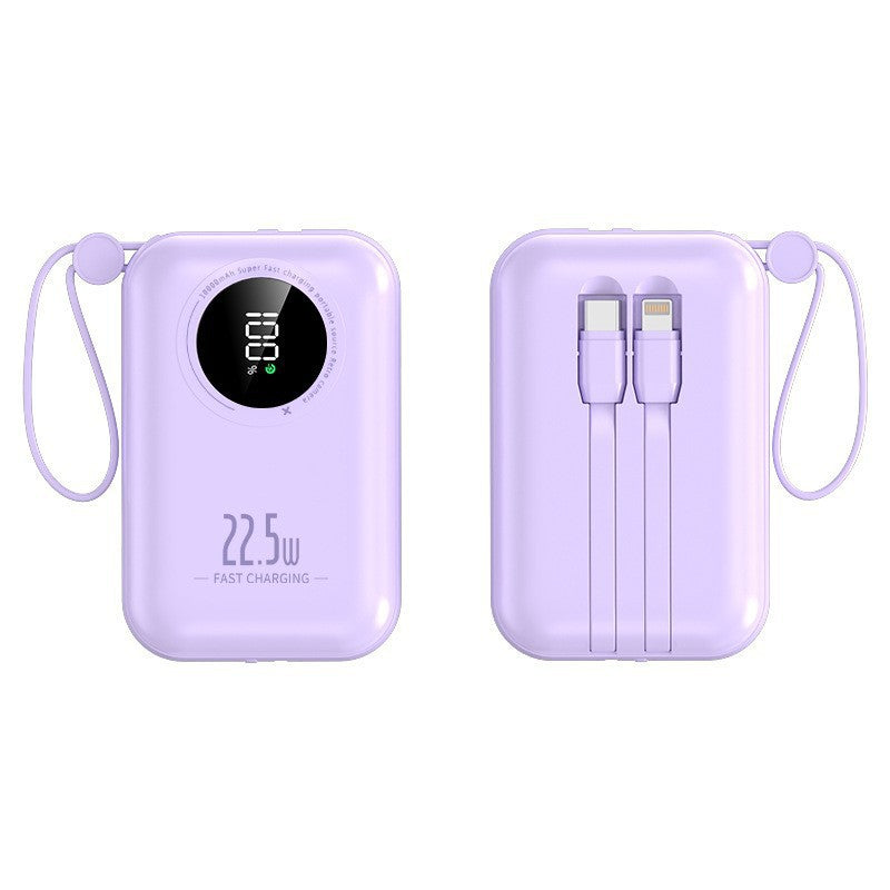 Kompakt transportabel powerbank — integrerede kabler, hurtig opladning