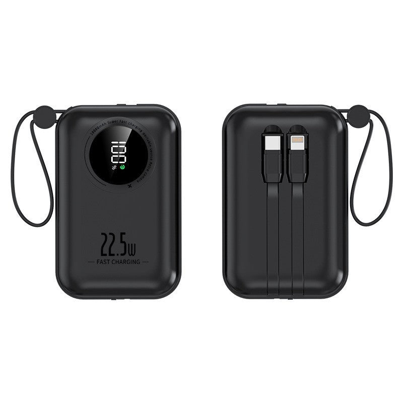 Kompakt transportabel powerbank — integrerede kabler, hurtig opladning