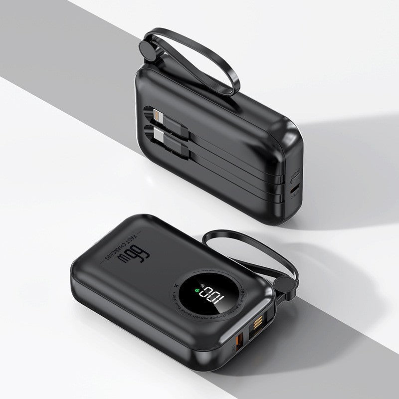 Kompakt transportabel powerbank — integrerede kabler, hurtig opladning