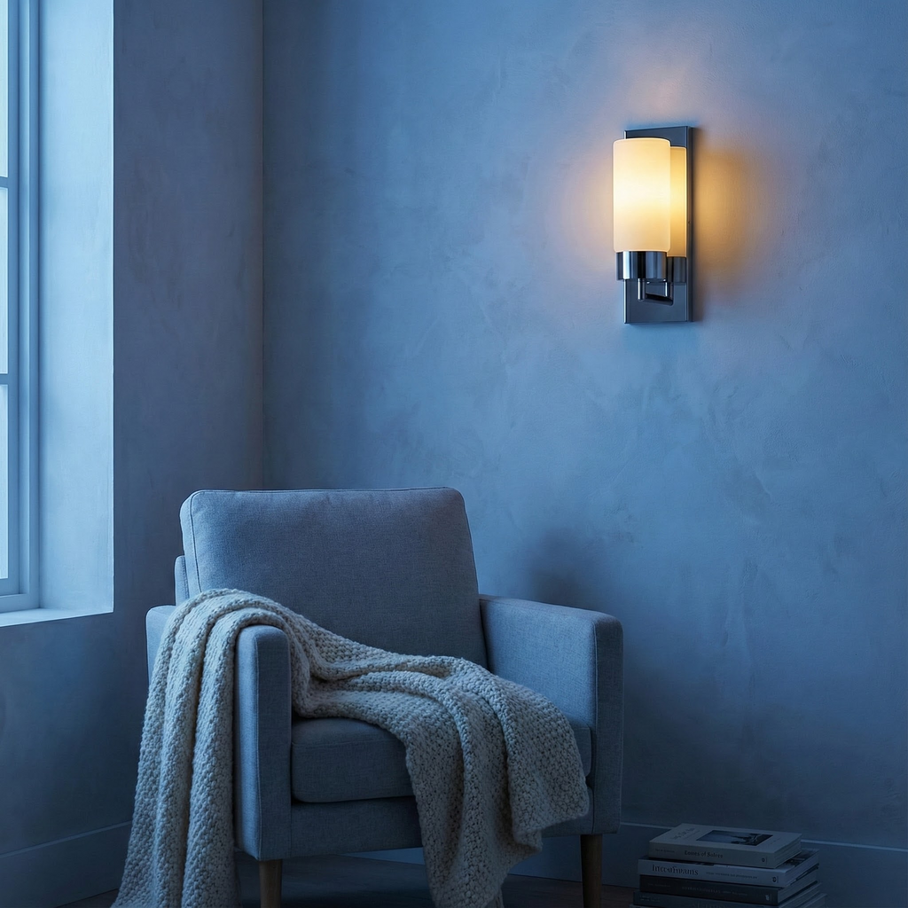 NovaLume Slim Modern Minimal Wall Sconce With Glass Shade And Chrome Backplate Lighting Fixture