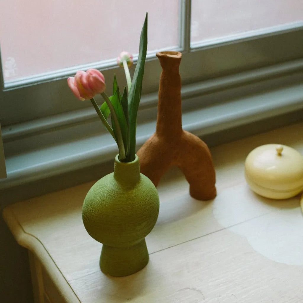 Organic Ceramic Vase In Emerald Green With Sculptural Shape For Living Room