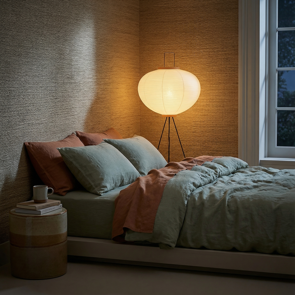 CalmAura Japandi Inspired Tripod Lamp Living Room Minimalist Serenity Elegant Nordic Home Accent