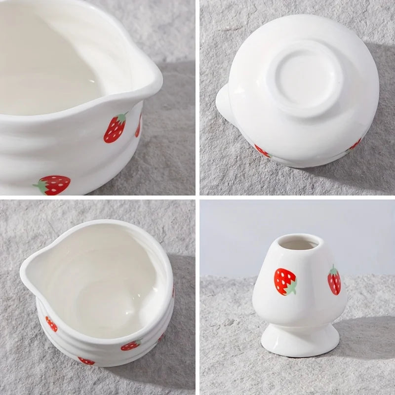 陶瓷抹茶碗套装 — 草莓图案