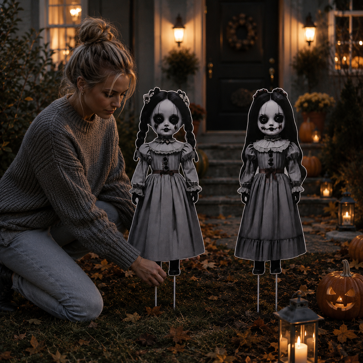 2-Piece 2D Ghost Doll Halloween Decorations — Weatherproof Outdoor Yard Figures