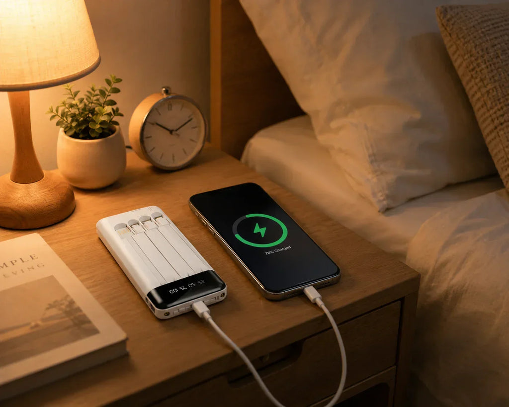 Powerbank — zintegrowane kable, wyświetlacz cyfrowy, kompatybilny z iPhone'em, Androidem i Samsungiem