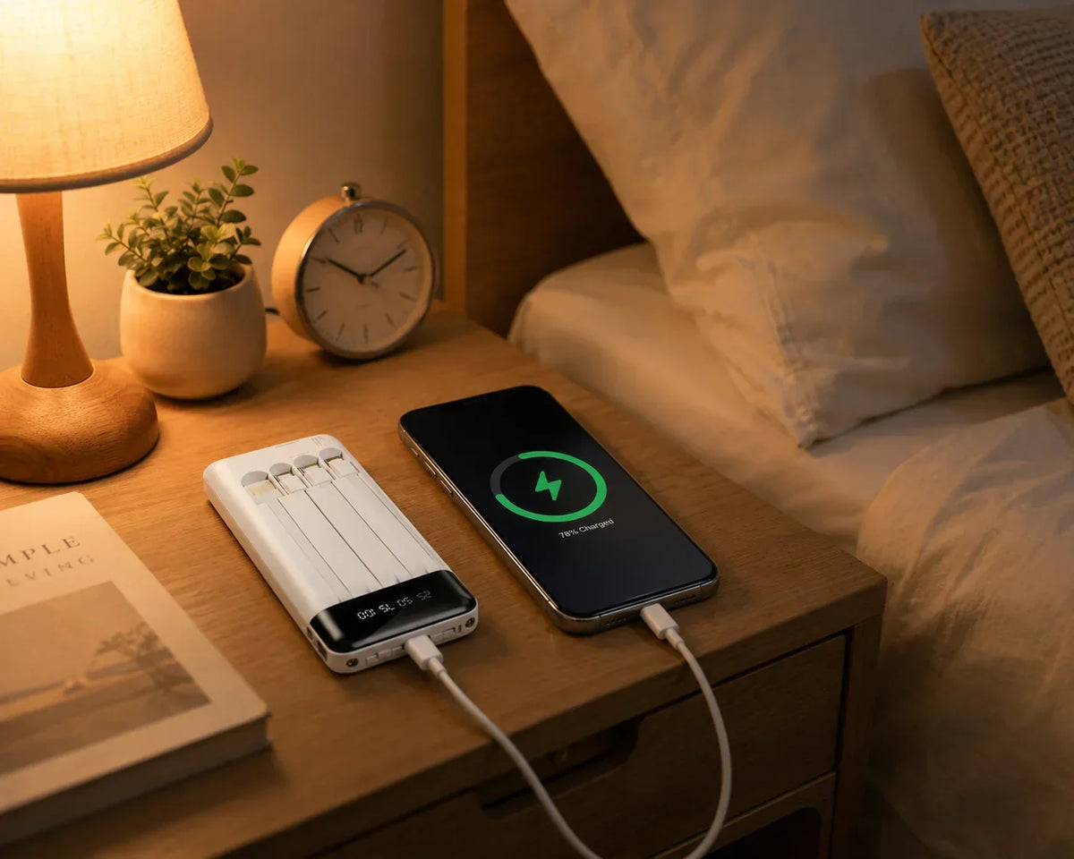 Powerbank — zintegrowane kable, wyświetlacz cyfrowy, kompatybilny z iPhone'em, Androidem i Samsungiem