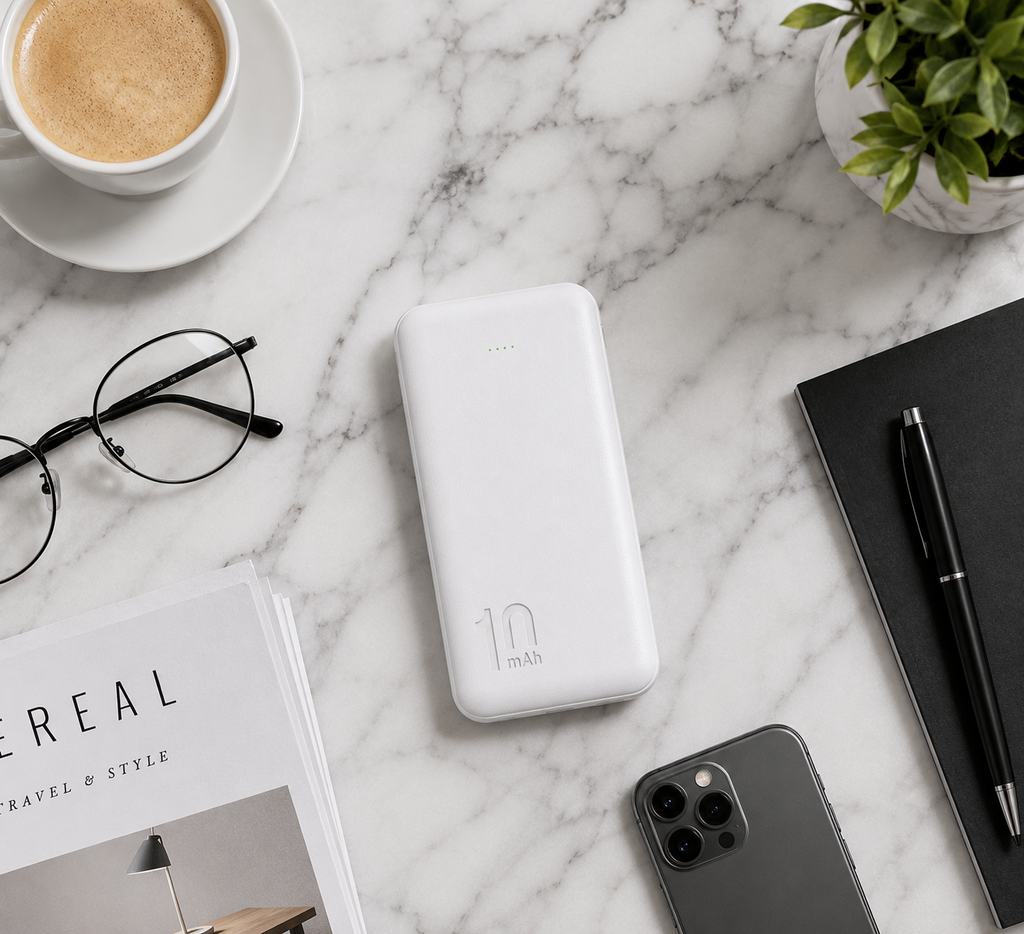 بنك طاقة بسعة 10000mAh — شحن سريع متوافق مع أجهزة iPhone وSamsung وAndroid