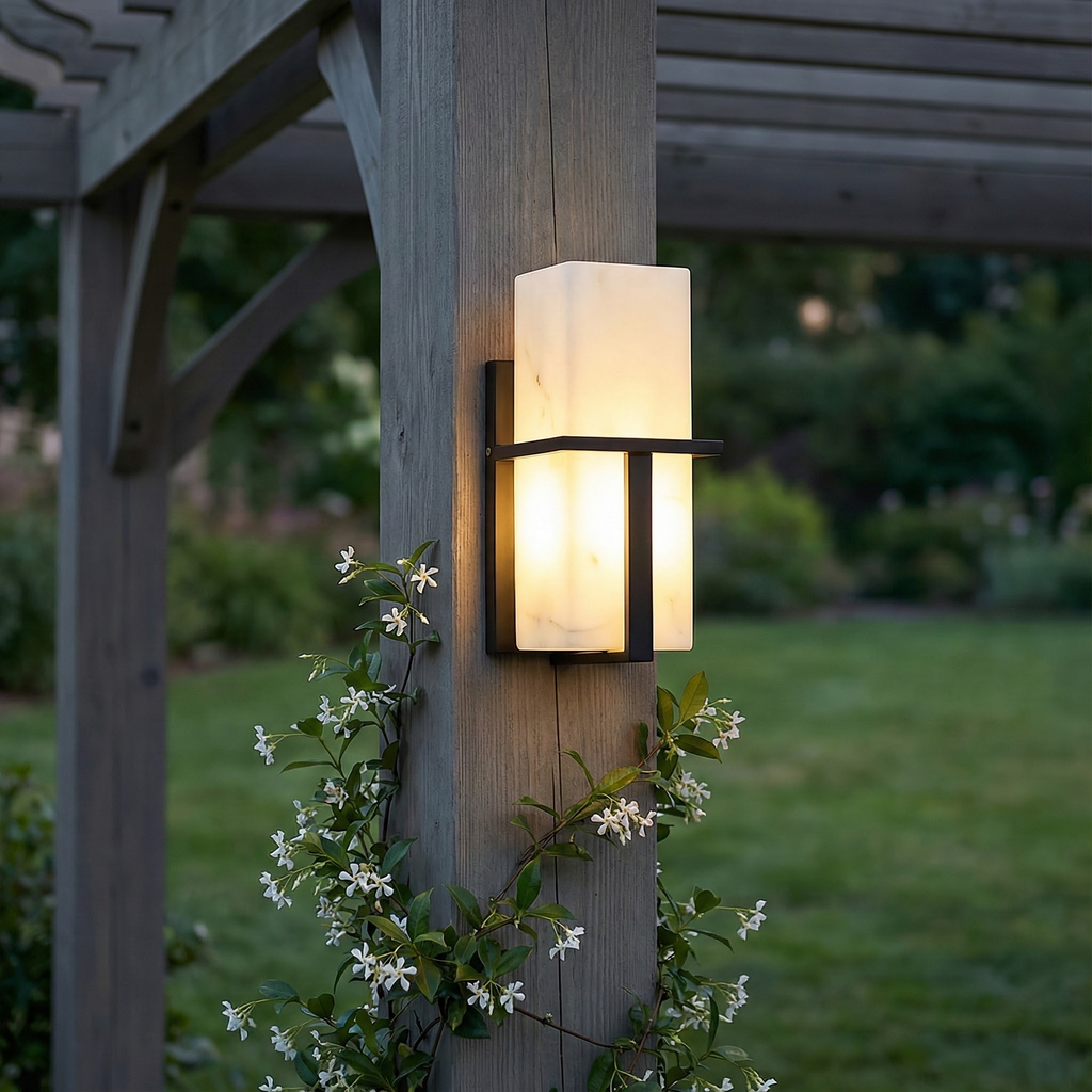 AuroraStone Elegant Exterior Wall Light Sconce With Marble Finish For Outdoor Living Spaces