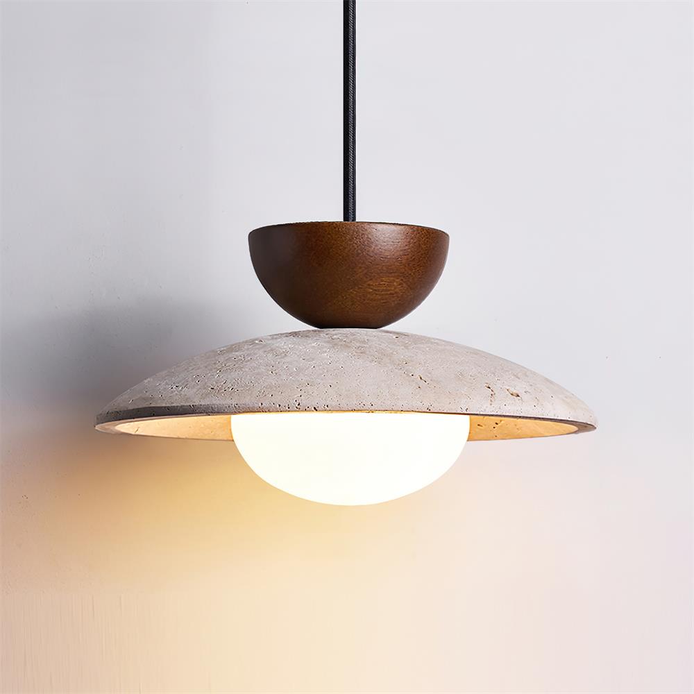 Elegant Travertine Pendant Light With Glass Diffuser And Wood Accent For Indoor Ceiling Installations