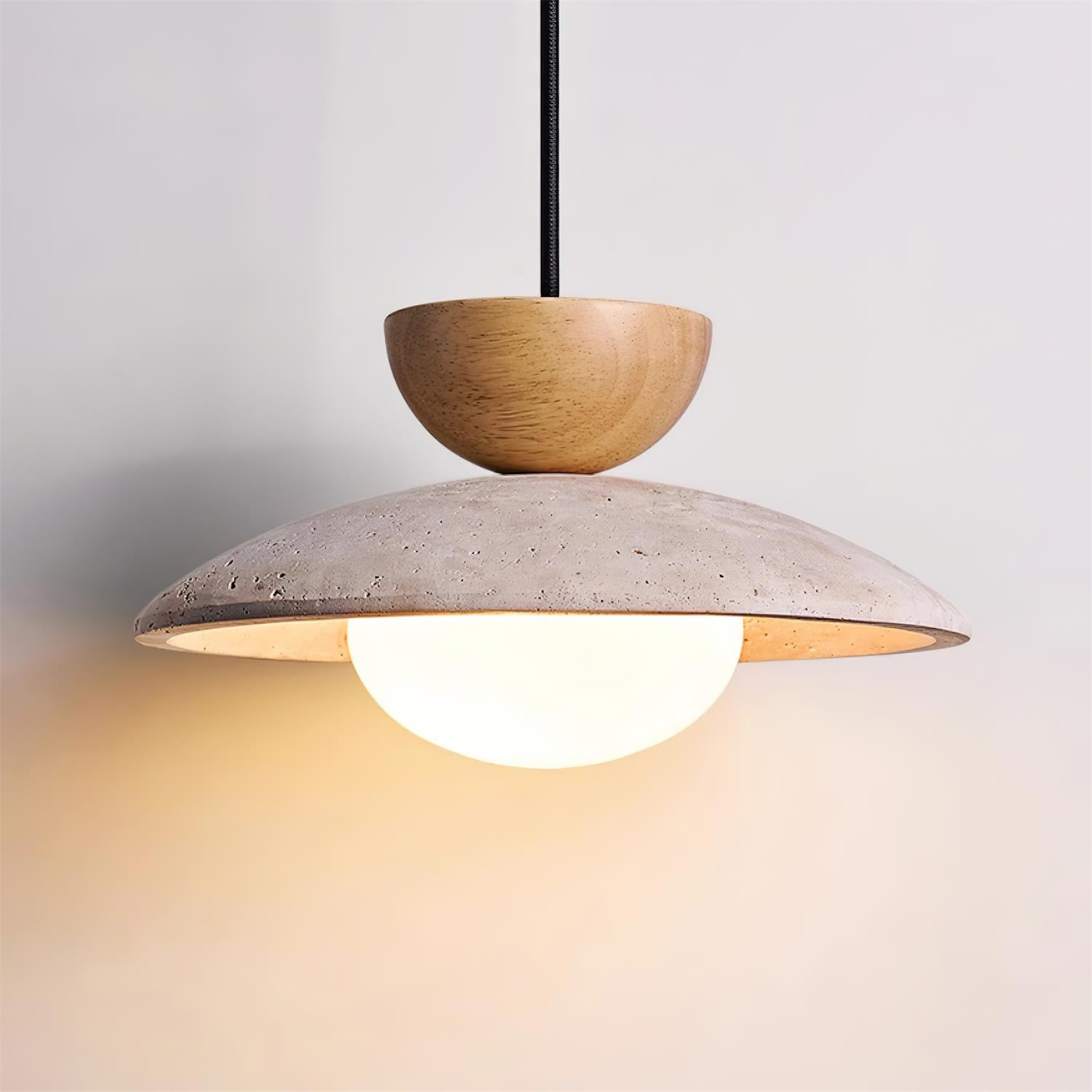 Elegant Travertine Pendant Light With Glass Diffuser And Wood Accent For Indoor Ceiling Installations