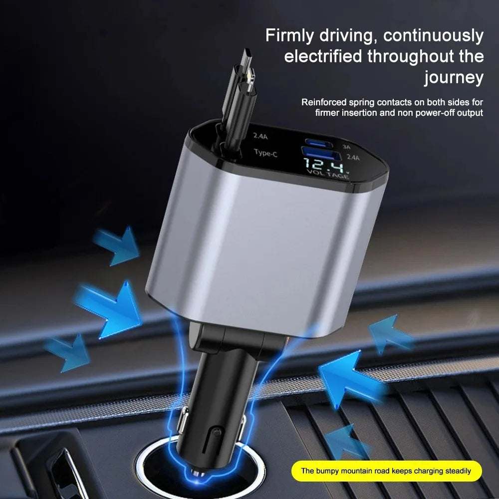 Caricabatterie compatto per auto da 120W — Cavi retrattili, porte USB, ricarica rapida