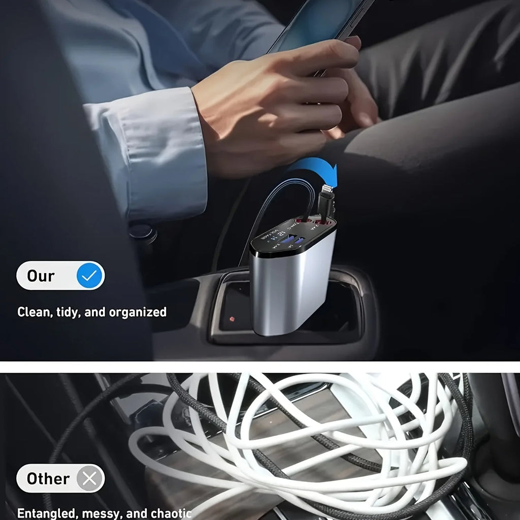 Caricabatterie compatto per auto da 120W — Cavi retrattili, porte USB, ricarica rapida