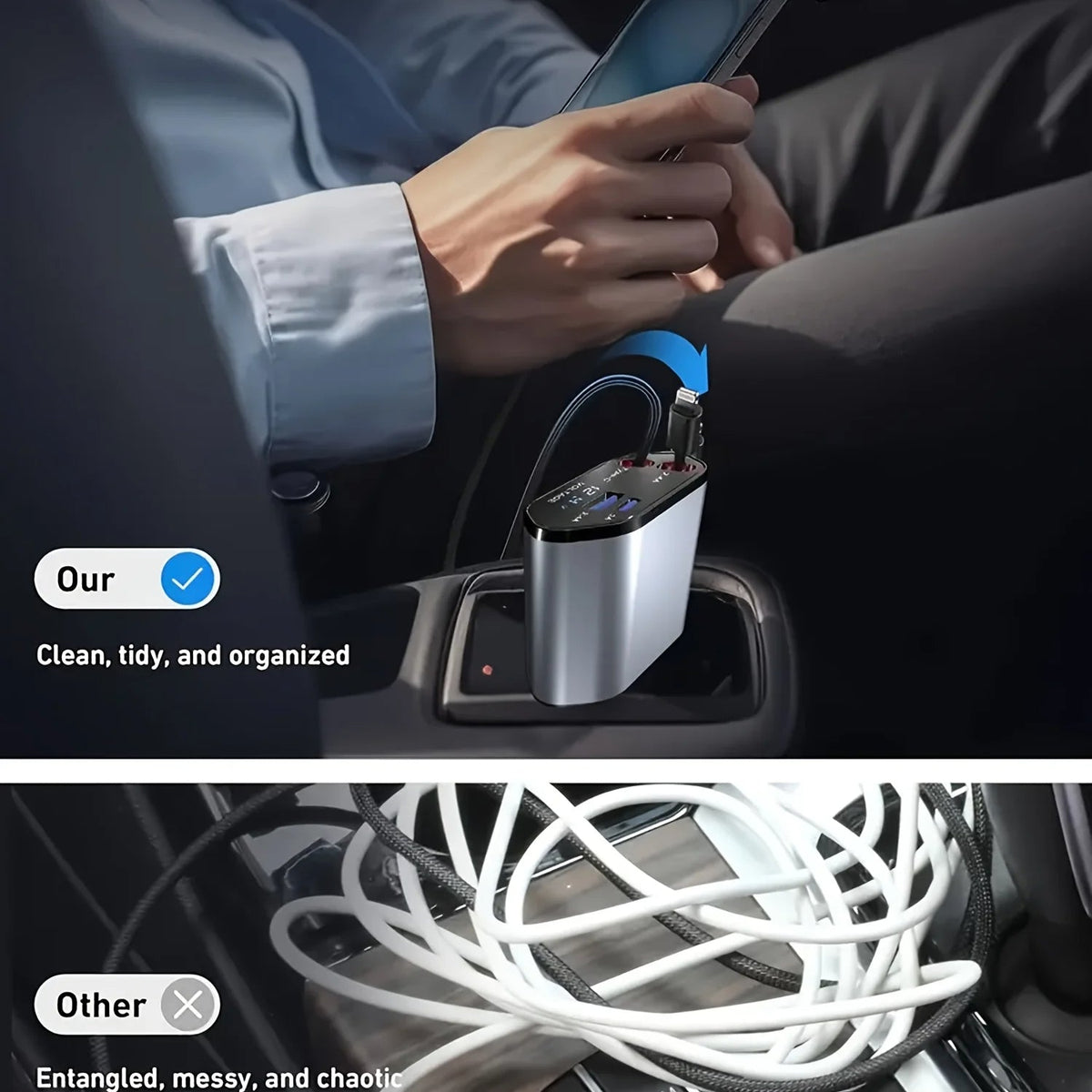 Caricabatterie compatto per auto da 120W — Cavi retrattili, porte USB, ricarica rapida