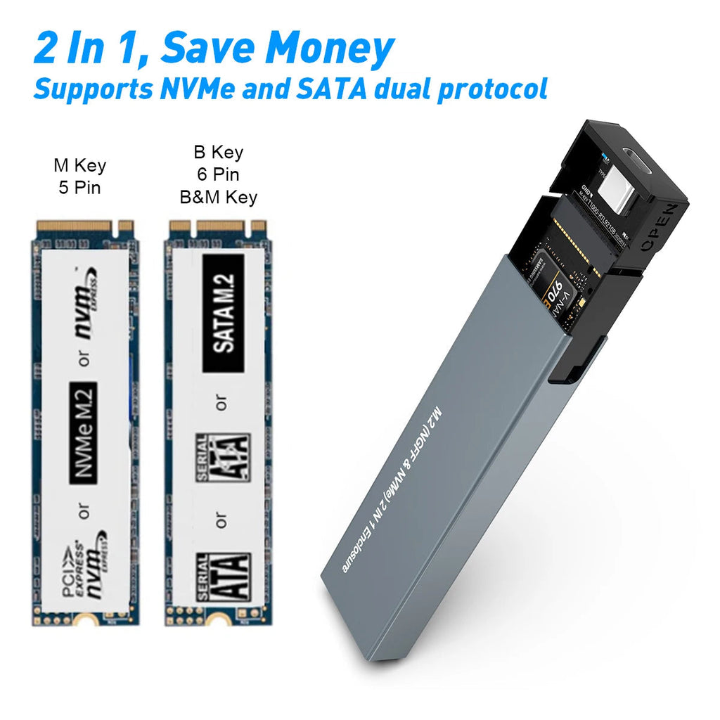 Custodia sottile per SSD NVMe e SATA — velocità USB-C di 10Gbps