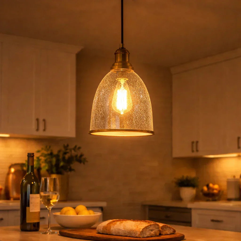 Elegant Contemporary 1-Light Pendant With Glass Seeded Dome For Dining Room Table