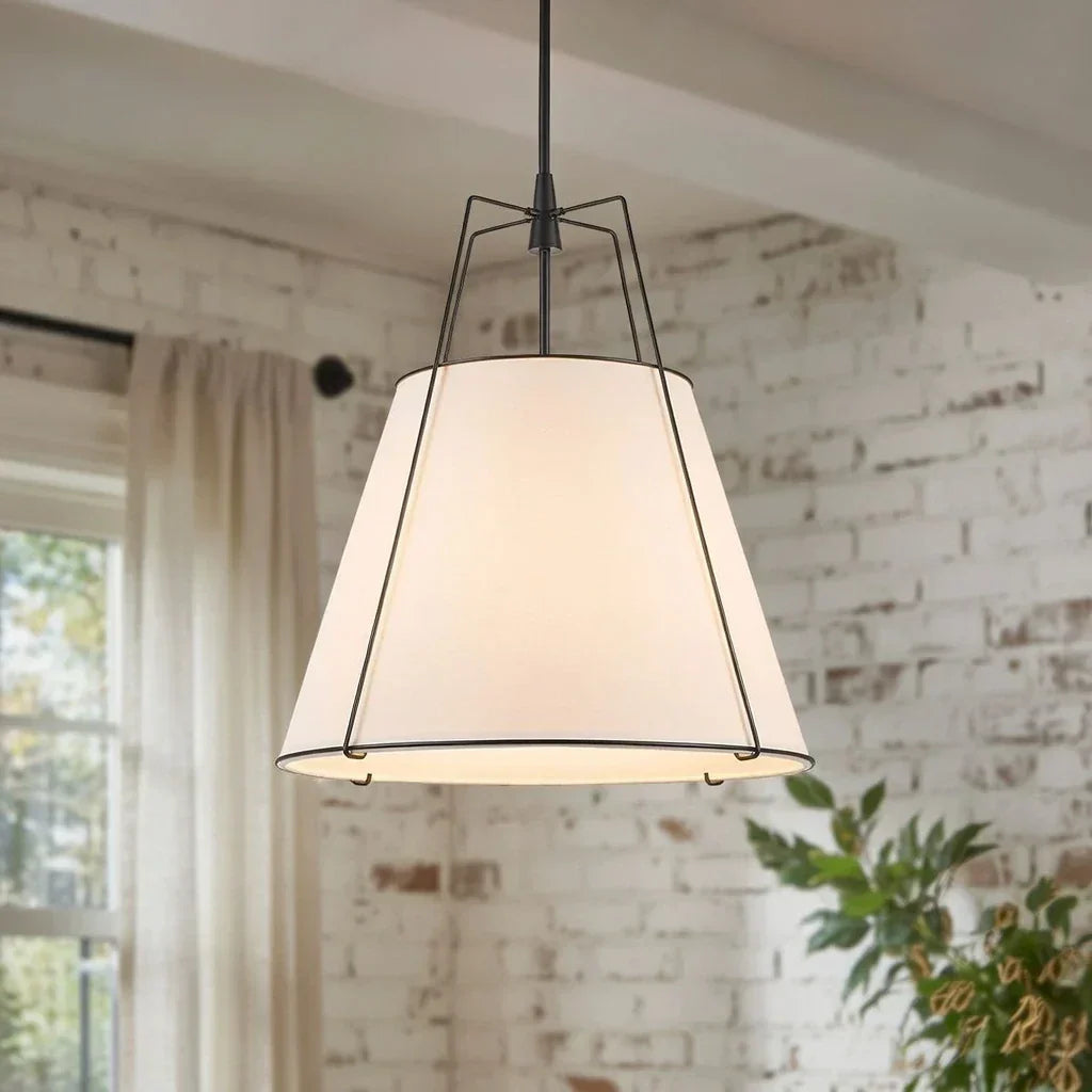 Modern Linen Pendant Light With Tapered Cone Shade And Warm Brass Finish For Modern Interiors