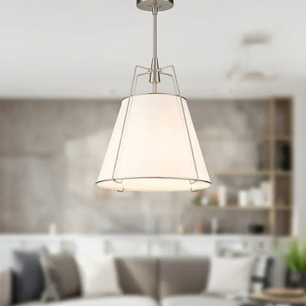 Modern Linen Pendant Light With Tapered Cone Shade And Warm Brass Finish For Modern Interiors