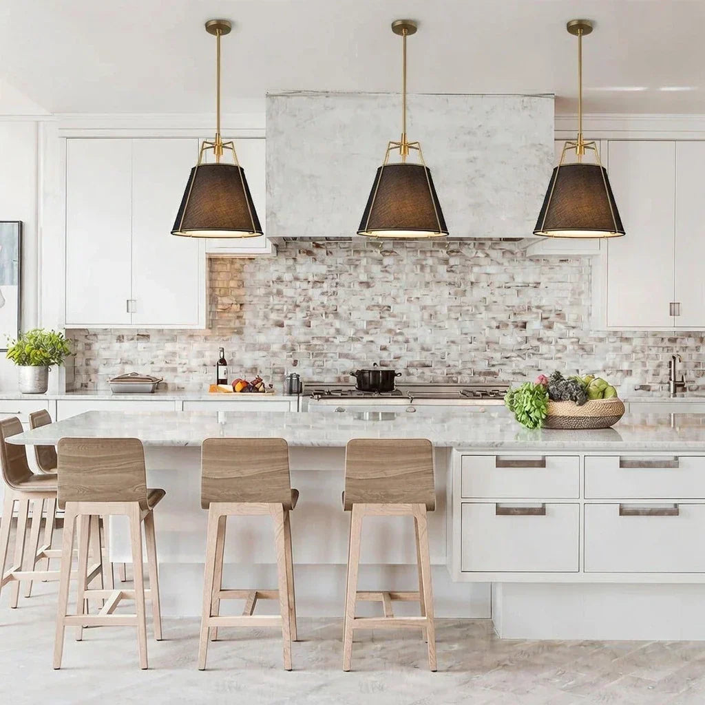 Modern Linen Pendant Light With Tapered Cone Shade And Warm Brass Finish For Modern Interiors