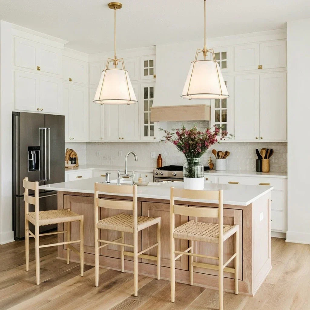 Modern Linen Pendant Light With Tapered Cone Shade And Warm Brass Finish For Modern Interiors