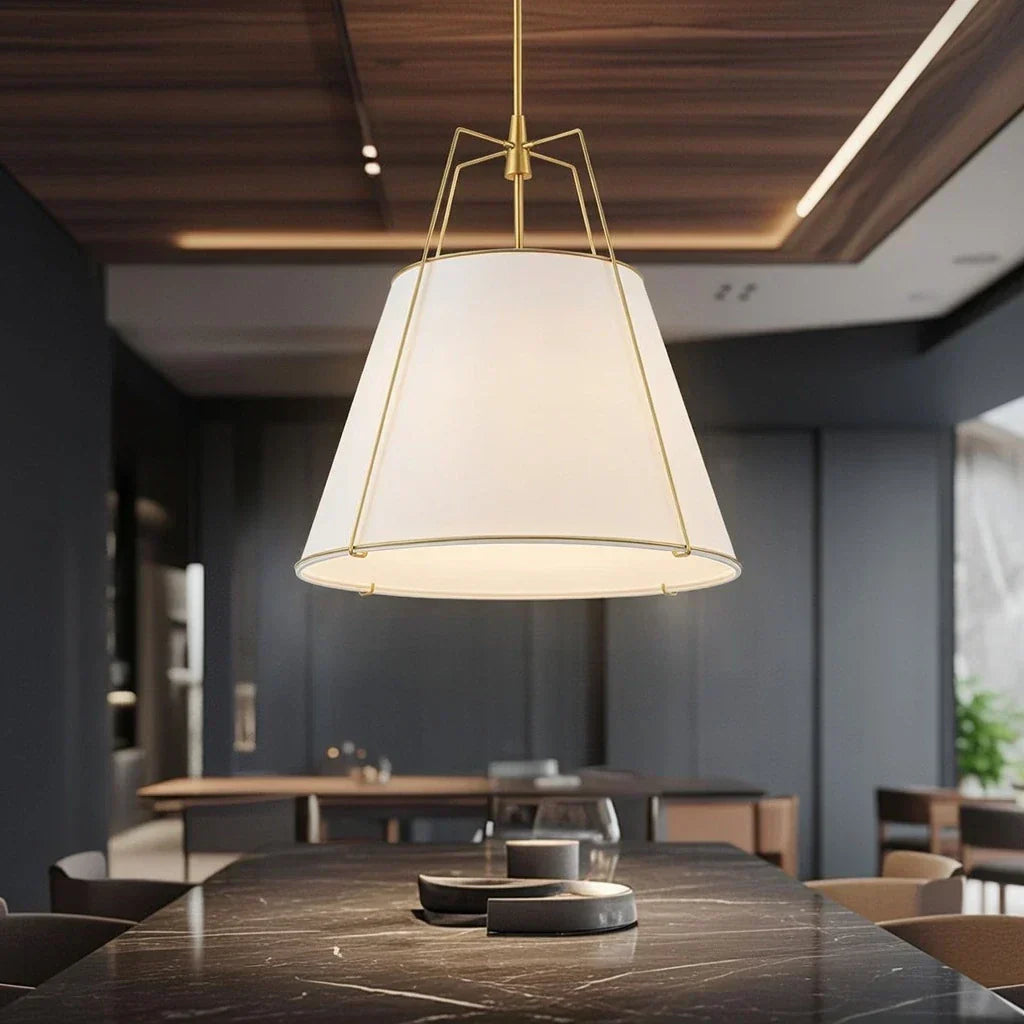 Modern Linen Pendant Light With Tapered Cone Shade And Warm Brass Finish For Modern Interiors