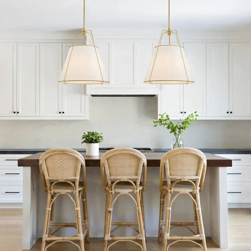 Modern Linen Pendant Light With Tapered Cone Shade And Warm Brass Finish For Modern Interiors
