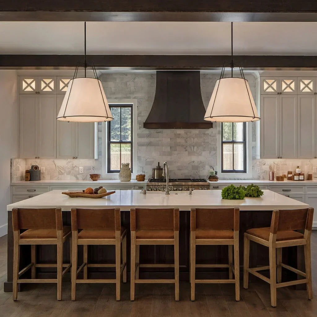 Modern Linen Pendant Light With Tapered Cone Shade And Warm Brass Finish For Modern Interiors