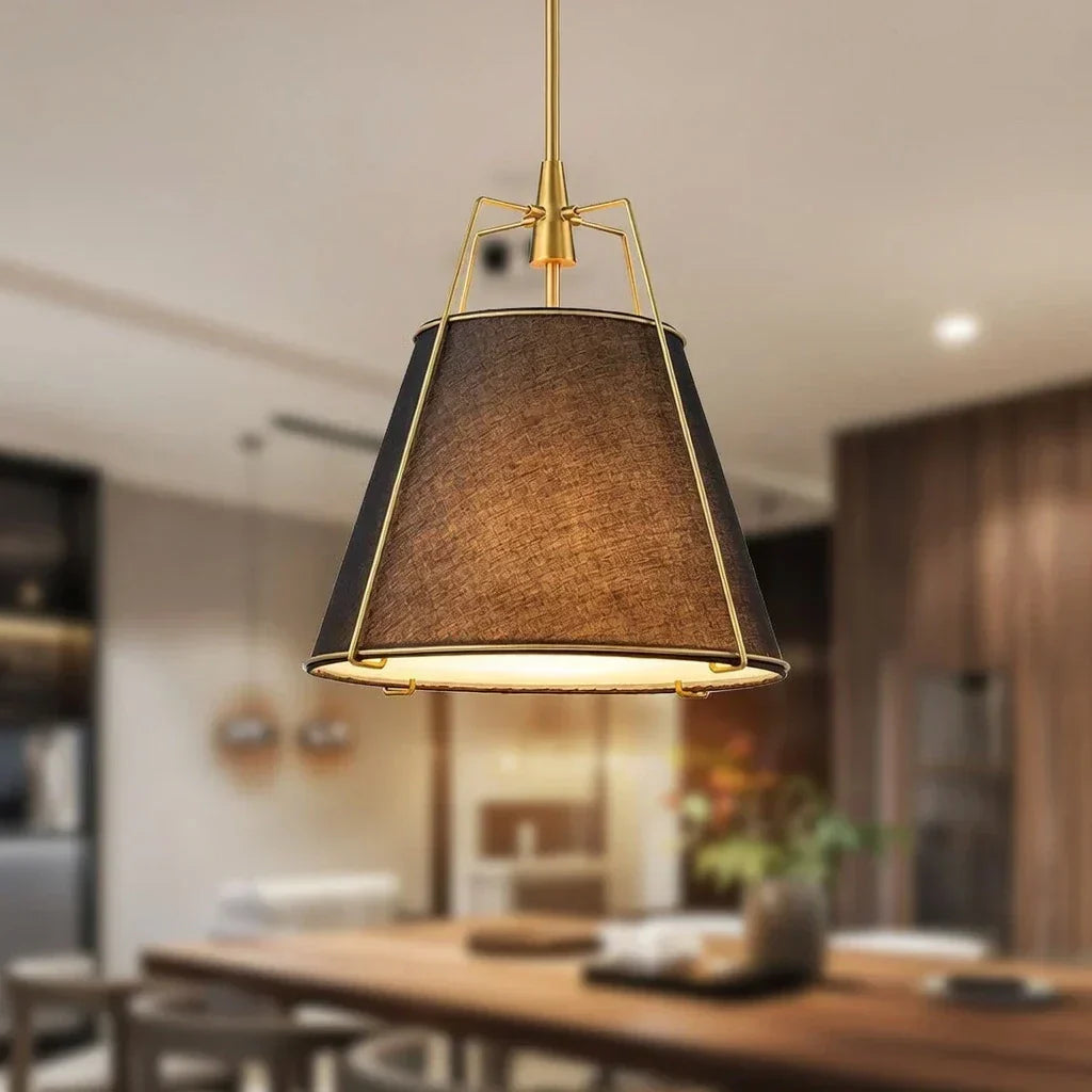 Modern Linen Pendant Light With Tapered Cone Shade And Warm Brass Finish For Modern Interiors