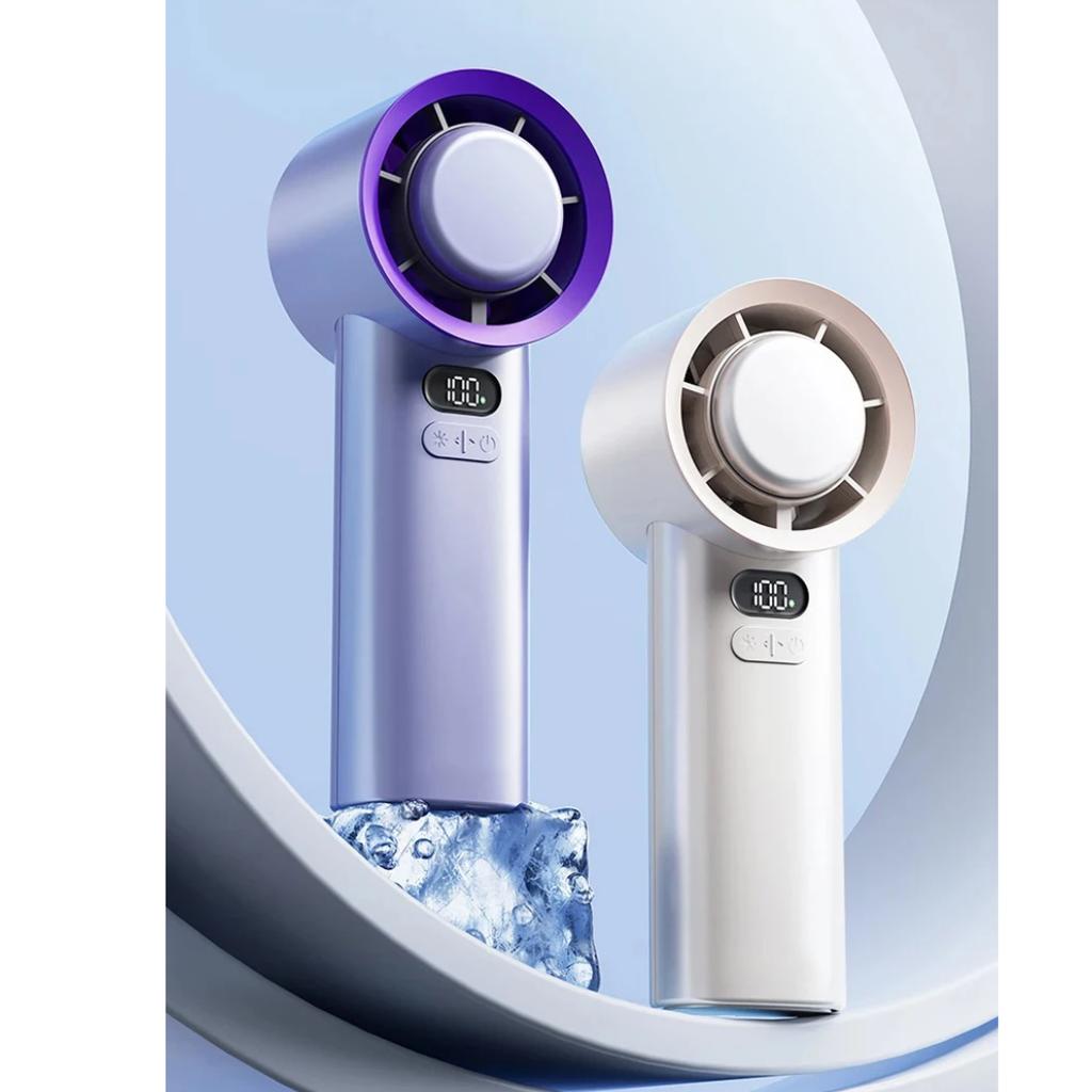 CoolBreeze kompakt håndholdt ventilator — håndfladestor, 3 hastigheder, genopladeligt batteri