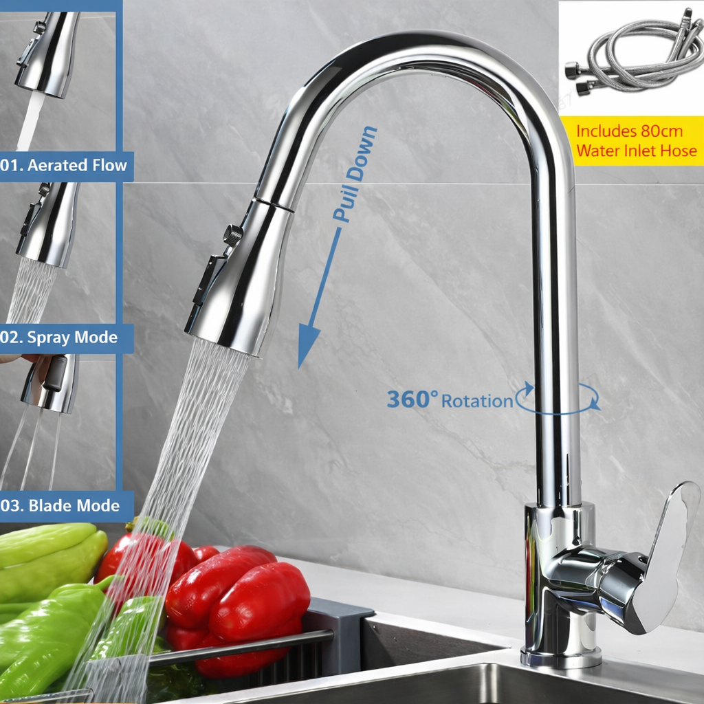 ראש התזה נשלף לברז מטבח FLOWVISTA — סיבוב של 360 מעלות ופונקציית התזה גמישה