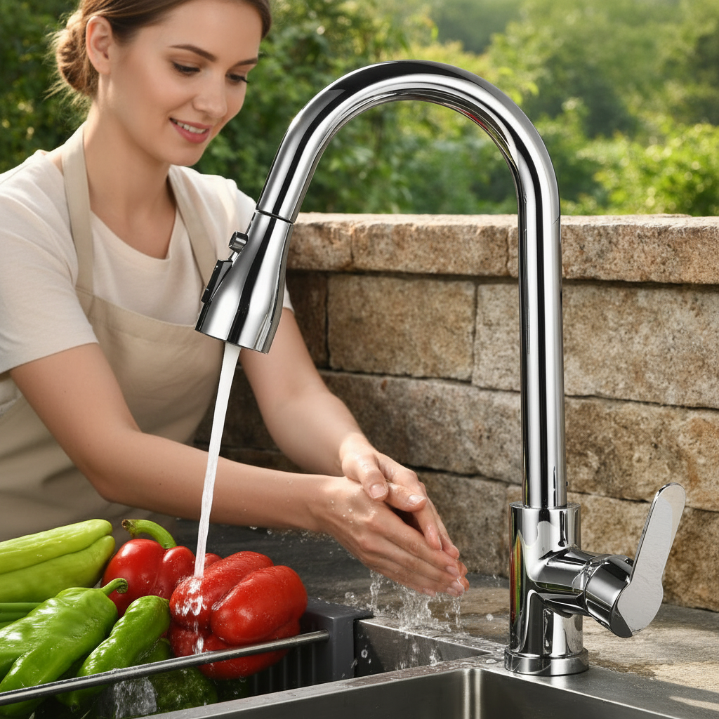ראש התזה נשלף לברז מטבח FLOWVISTA — סיבוב של 360 מעלות ופונקציית התזה גמישה