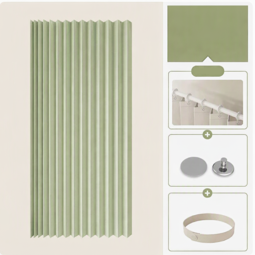 וילון מקלחת מתקפל בצורת אקורדיון CURVASHIELD — עיצוב מגנטי עמיד למים