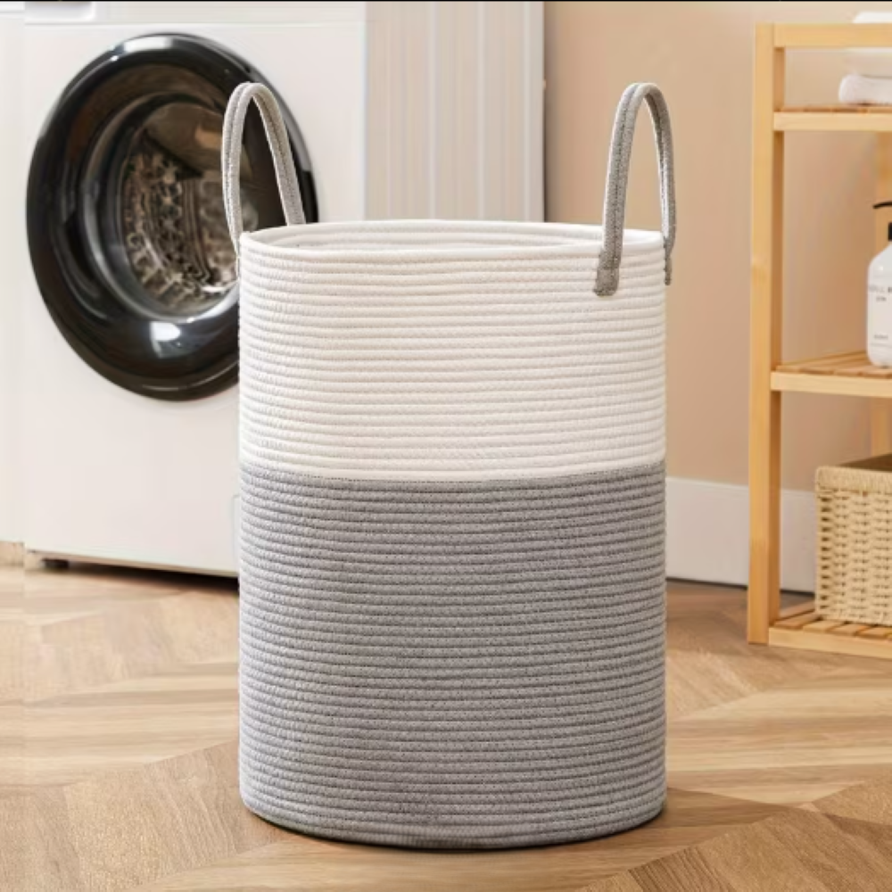 Panier à linge en corde de coton de 58 L — Ø38 × 50cm, poignées de transport renforcées