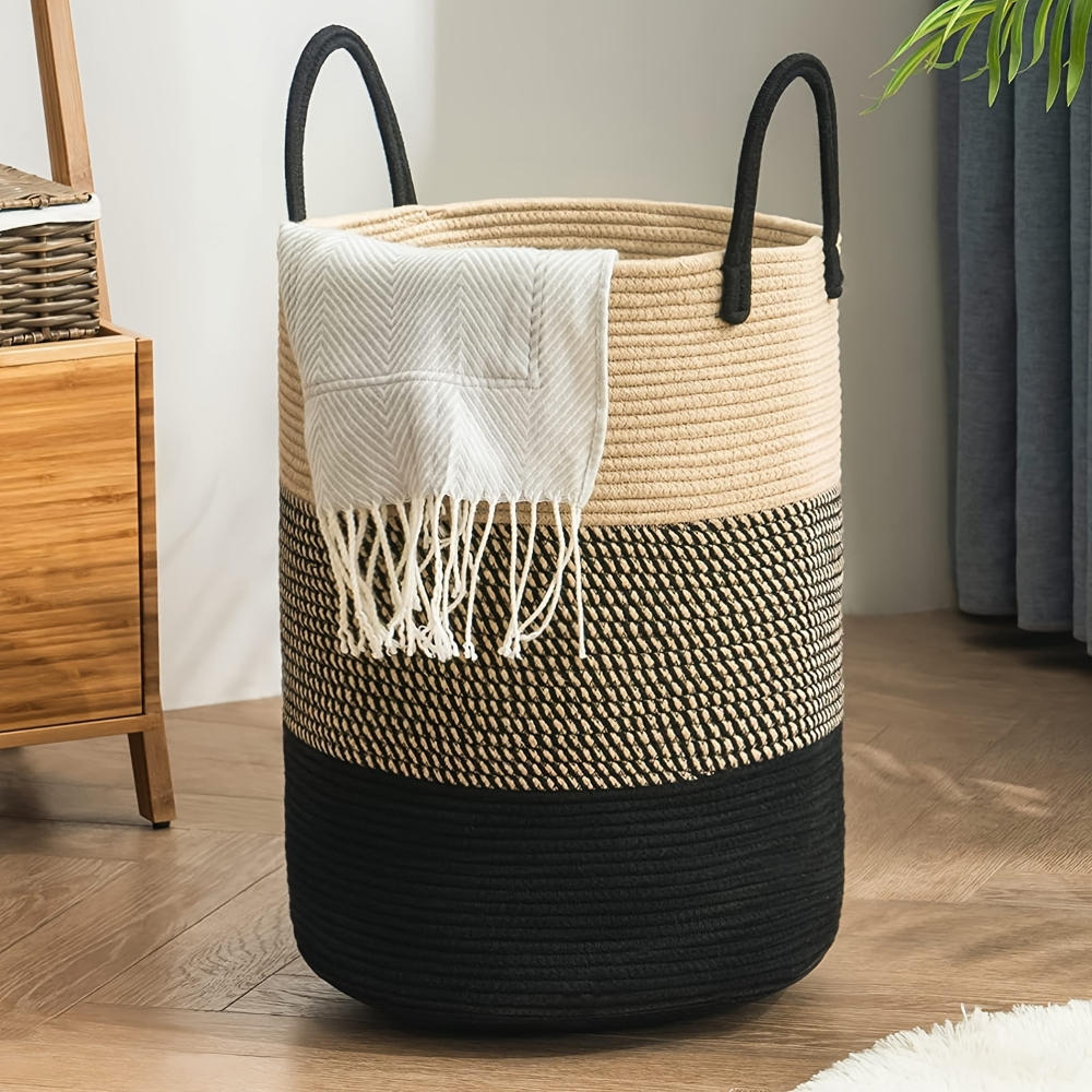 Panier à linge en corde de coton de 58 L — Ø38 × 50cm, poignées de transport renforcées