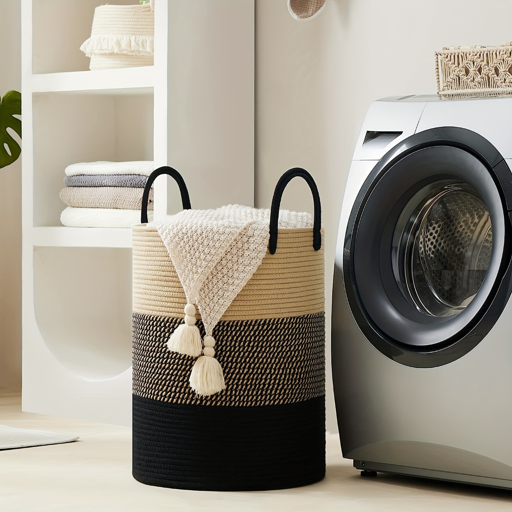 Panier à linge en corde de coton de 58 L — Ø38 × 50cm, poignées de transport renforcées