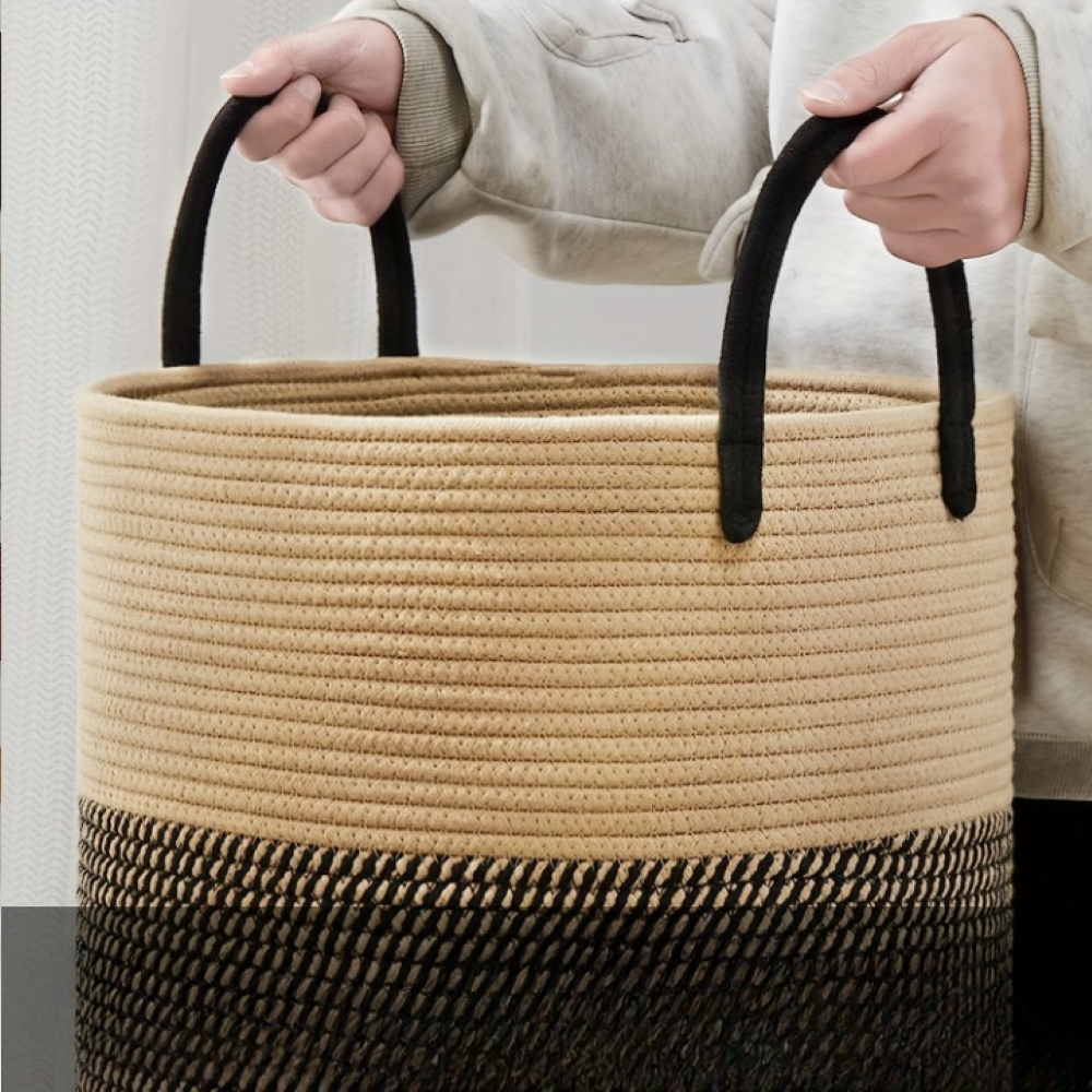 Panier à linge en corde de coton de 58 L — Ø38 × 50cm, poignées de transport renforcées