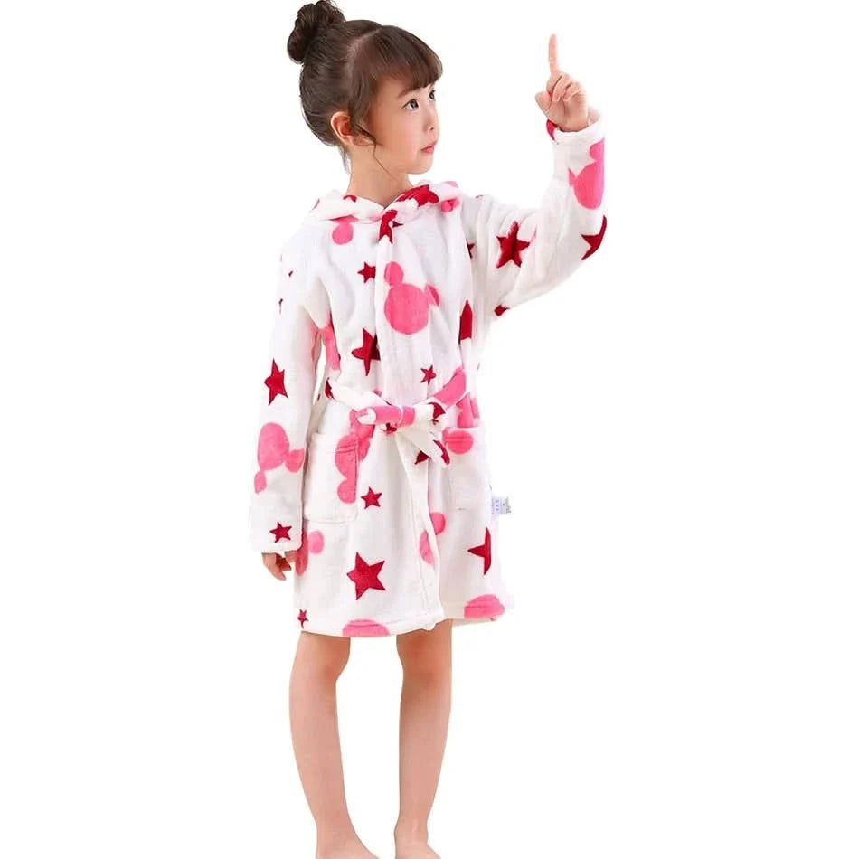 CozyKids - Hooded Flannel Bathrobe for Kids with Cartoon Print, Soft & Warm 18
