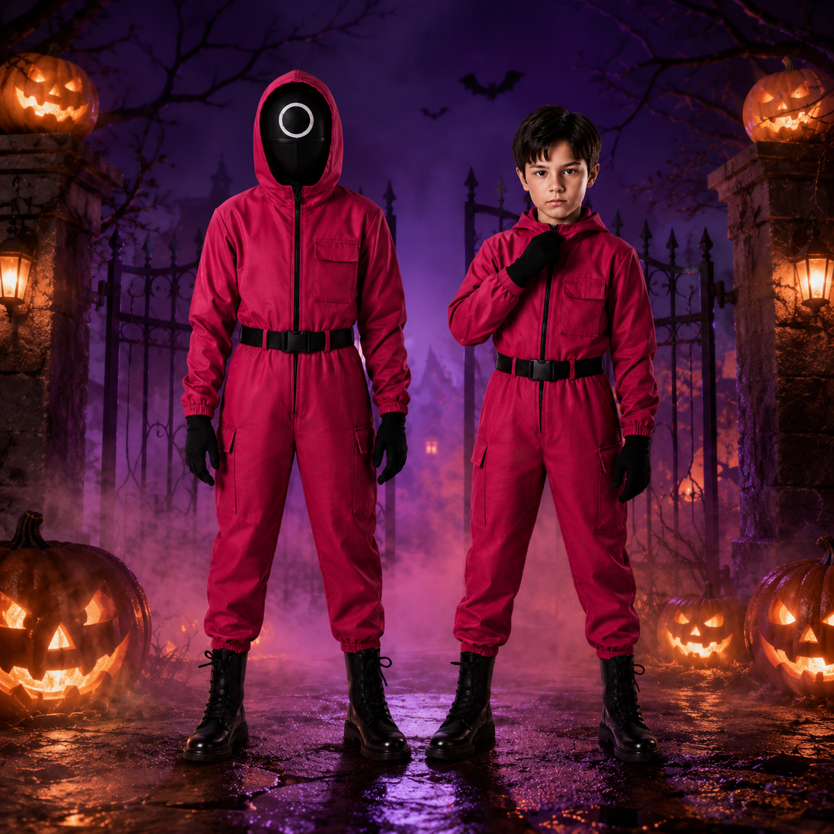 Gyerek Halloween-jelmez, kezeslábas – kapucnival, övvel, kesztyűvel és maszkkal