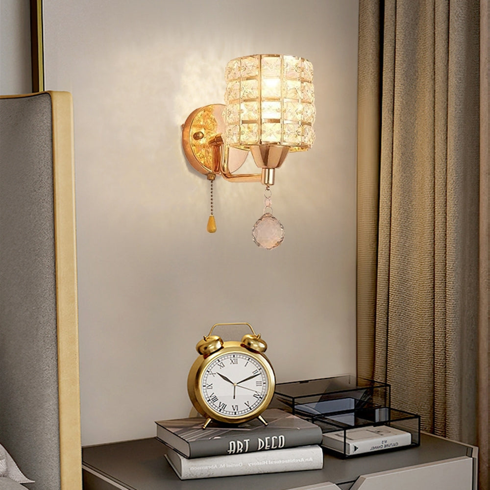 Lyra Crystal Glow Wall Light With Gold Base And Cylindrical Shade And Pull Chain For Living Rooms And Hallways