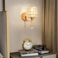 Lyra Crystal Glow Wall Light With Gold Base And Cylindrical Shade And Pull Chain For Living Rooms And Hallways