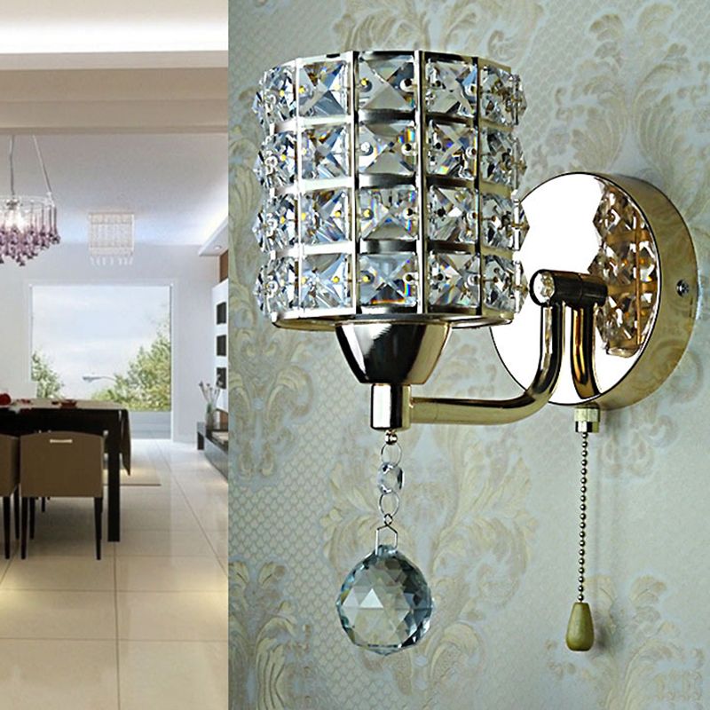 Lyra Crystal Glow Wall Light With Gold Base And Cylindrical Shade And Pull Chain For Living Rooms And Hallways